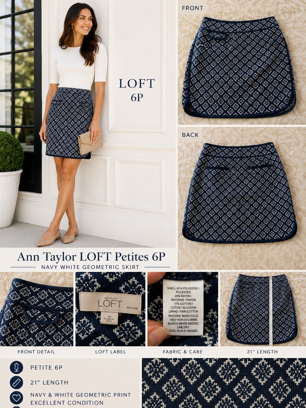 Ann Taylor LOFT Petites 6P Navy White Geometric Skirt 21” - Picture 2 of 9
